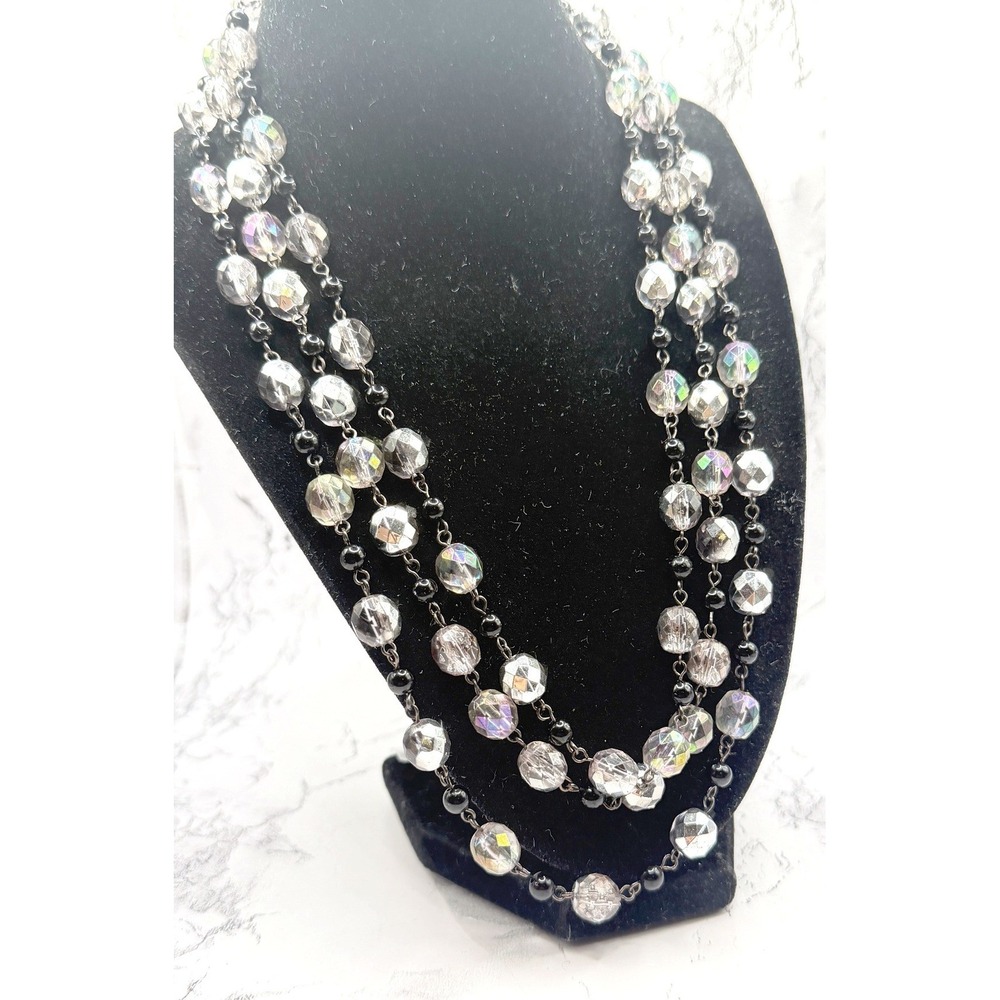 Avon 3 Strand Necklace Black Clear Beads Gunmetal Layeredβ
